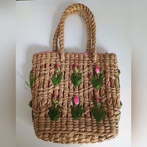 Amanda Smith Woven Straw Handbag Pocketbook Purse with Woven Flowers